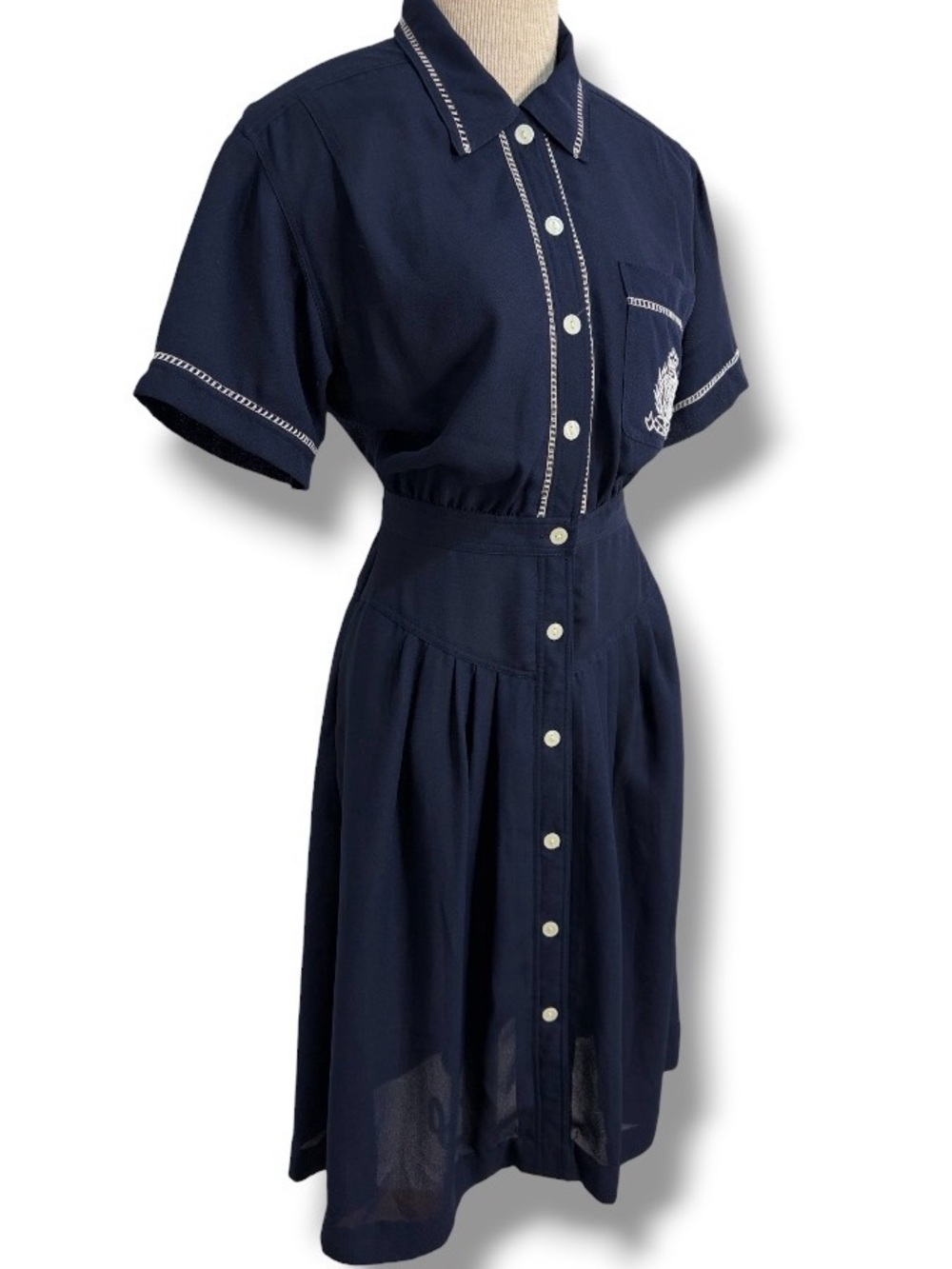 Vintage Women's Nautical Swing Dress Blue Chiffon Size S Rockabilly Style 50s